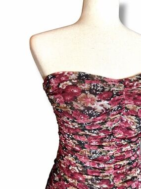 Kaylee Kollection Burgundy Floral Rusched Mesh Bodycon Strapless Midi Dress